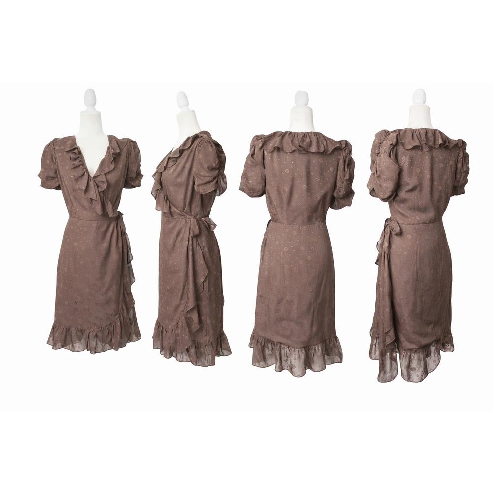 Miss Sixty Brown Ruffle Wrap Dress Size 6 Y2K Sheer Dot Mini Romantic